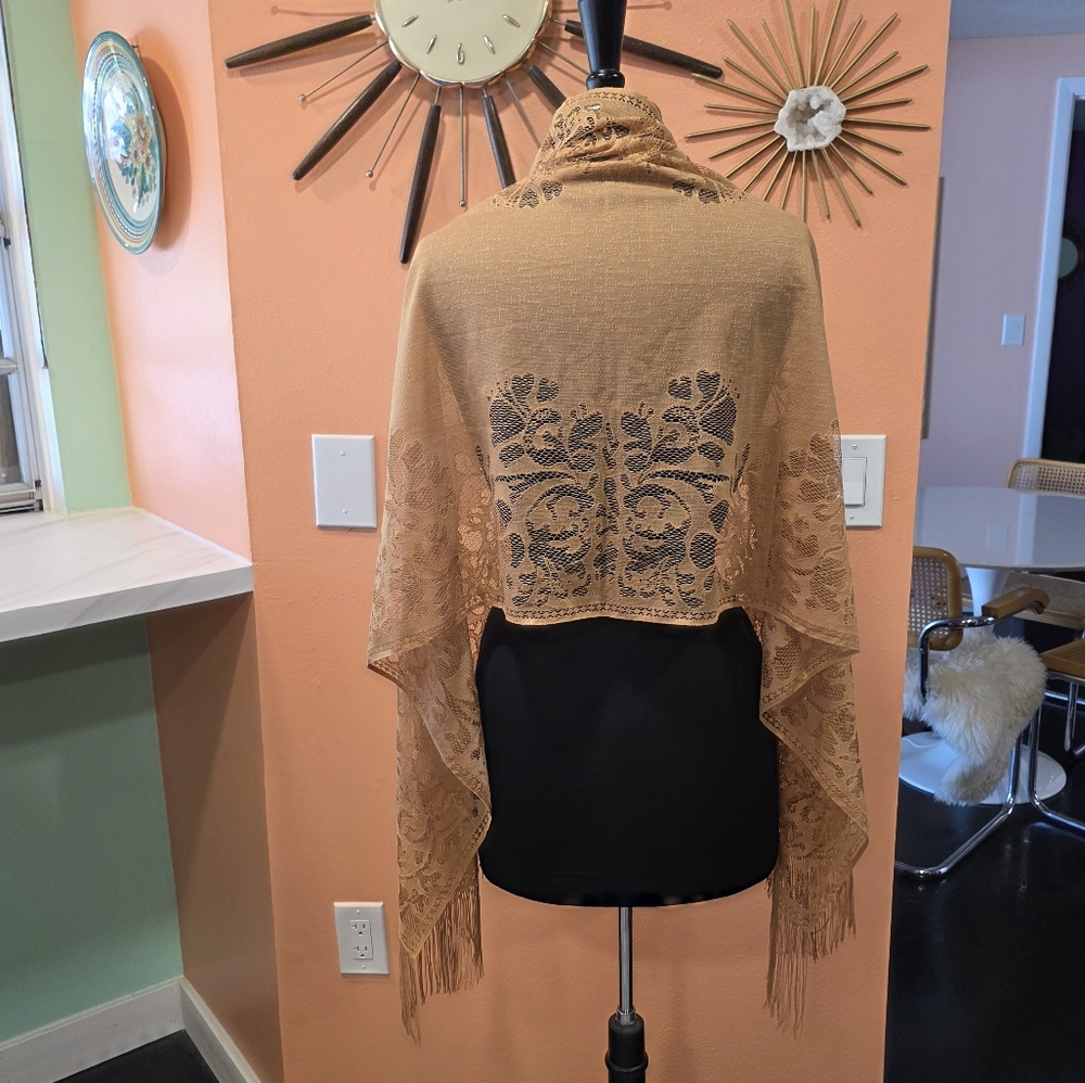 Fringe Wrap Hippie Vintage Tan Floral Lace Scarf Boho Chic Bohemian - Picture 10 of 10